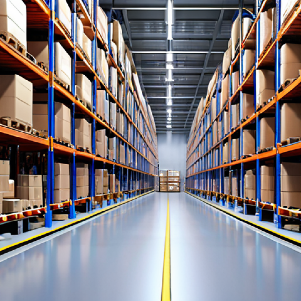 **

> Modern, efficient warehouse interior. Focus on optimized layout, automated systems (WMS), and fast-moving products. Emphasis on organization and technology.

**
