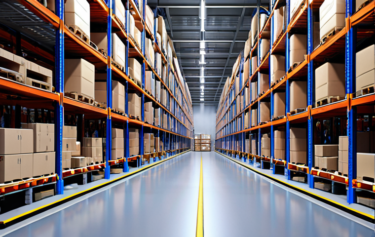 **
> Modern, efficient warehouse interior. Focus on optimized layout, automated systems (WMS), and fast-moving products. Emphasis on organization and technology.
**