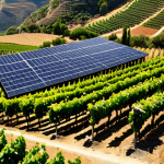 **

Prompt: *Aerial view of a bustling Portuguese vineyard in the Douro Valley. Solar panels power modern machinery. Blockchain symbols overlaying wine bottles, indicating traceability. Focus on sustainability and technological integration. Soft, natural light.*

**