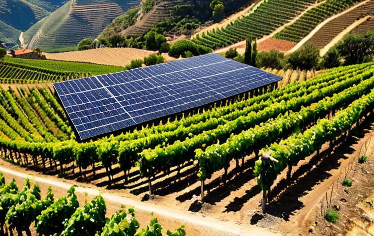 **
Prompt: *Aerial view of a bustling Portuguese vineyard in the Douro Valley. Solar panels power modern machinery. Blockchain symbols overlaying wine bottles, indicating traceability. Focus on sustainability and technological integration. Soft, natural light.*
**