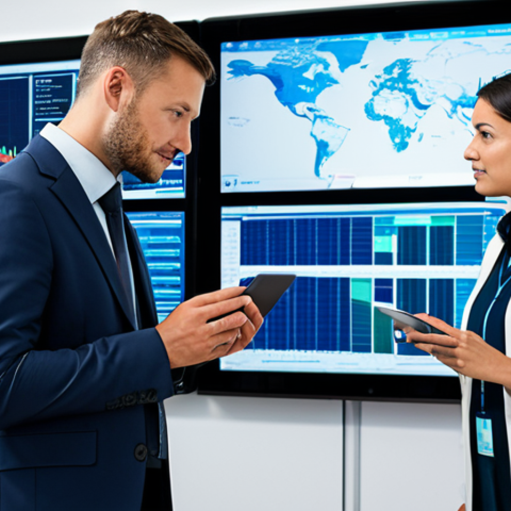 A professional female and male logistics managers, both fully clothed in modest business attire, actively collaborating in a modern, brightly lit supply chain control room. Large digital screens behind them display intricate real-time data visualizations of global shipping routes, inventory levels, and predictive analytics. Automated robotic systems are subtly visible in the background, hinting at seamless operations. The atmosphere is one of focused teamwork and advanced technological integration. Perfect anatomy, correct proportions, natural pose, well-formed hands, proper finger count, natural body proportions, safe for work, appropriate content, fully clothed, professional, high-quality, ultra-detailed professional photography.