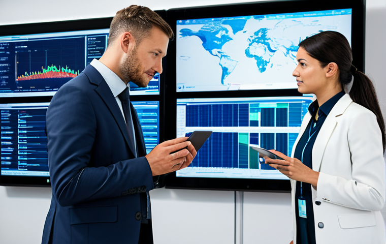 A professional female and male logistics managers, both fully clothed in modest business attire, actively collaborating in a modern, brightly lit supply chain control room. Large digital screens behind them display intricate real-time data visualizations of global shipping routes, inventory levels, and predictive analytics. Automated robotic systems are subtly visible in the background, hinting at seamless operations. The atmosphere is one of focused teamwork and advanced technological integration. Perfect anatomy, correct proportions, natural pose, well-formed hands, proper finger count, natural body proportions, safe for work, appropriate content, fully clothed, professional, high-quality, ultra-detailed professional photography.
