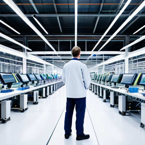 Home 12 Smart Factory of the Future**
A brightly lit, modern factory floor, fully automated with robots assembling products. Sensors are visible on the machinery. Data streams and visualizations appear on large monitors in the background. Workers are present, wearing clean, professional uniforms and monitoring the processes. The scene conveys efficiency and technological advancement. fully clothed, safe for work, appropriate content, professional, perfect anatomy, natural proportions, well-formed hands.
**