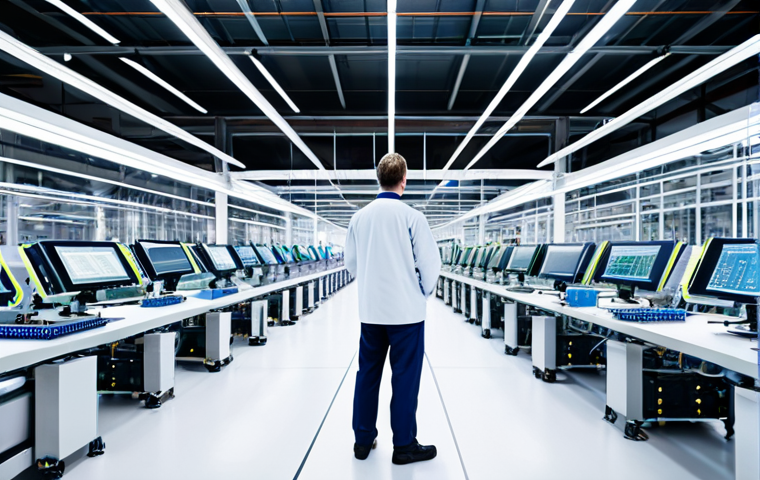 Smart Factory of the Future**

A brightly lit, modern factory floor, fully automated with robots assembling products. Sensors are visible on the machinery. Data streams and visualizations appear on large monitors in the background. Workers are present, wearing clean, professional uniforms and monitoring the processes. The scene conveys efficiency and technological advancement. fully clothed, safe for work, appropriate content, professional, perfect anatomy, natural proportions, well-formed hands.

**