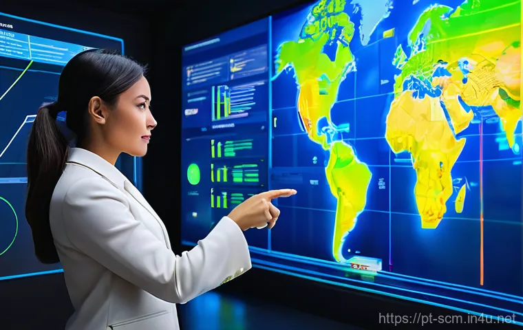 공급망관리 실무에서의 최적화 기법 - **Prompt:** "A futuristic, intelligent control room for a global supply chain, with a female logisti...