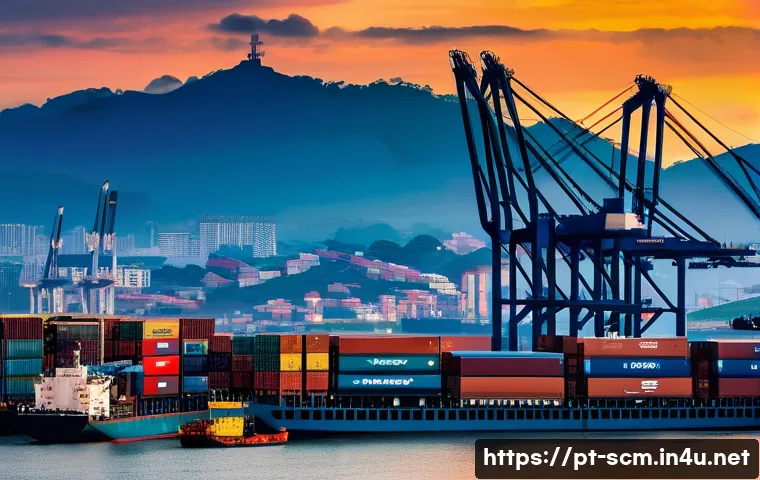 SCM 실무에서의 글로벌 물류 문제 해결 - **Prompt:** "A vibrant, panoramic view of the Port of Santos, Brazil, at sunset, bustling with activ...