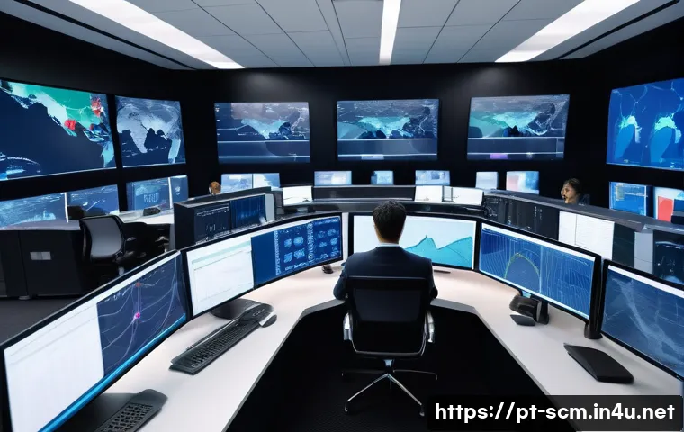 공급망관리와 국제 무역 협상 - A modern international logistics control room with a diverse team of professionals analyzing real-ti...