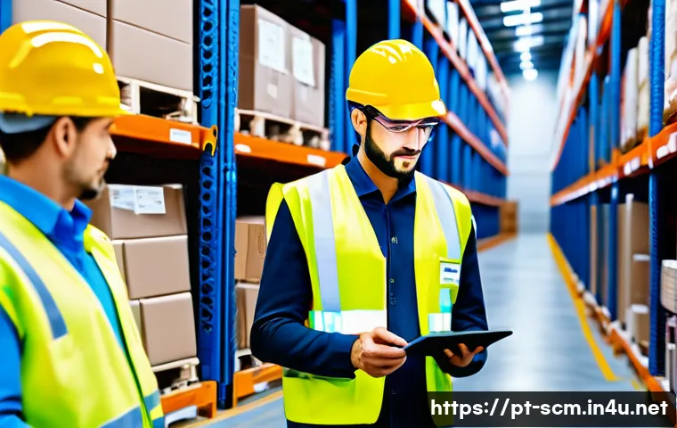 공급망관리와 스마트 물류 기술 - A modern Brazilian logistics warehouse interior with advanced digital systems, featuring workers in ...