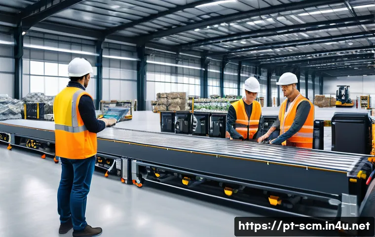 공급망관리 직무의 주요 도전과 기회 - A modern logistics warehouse interior featuring collaborative robots and AI-powered machinery effici...
