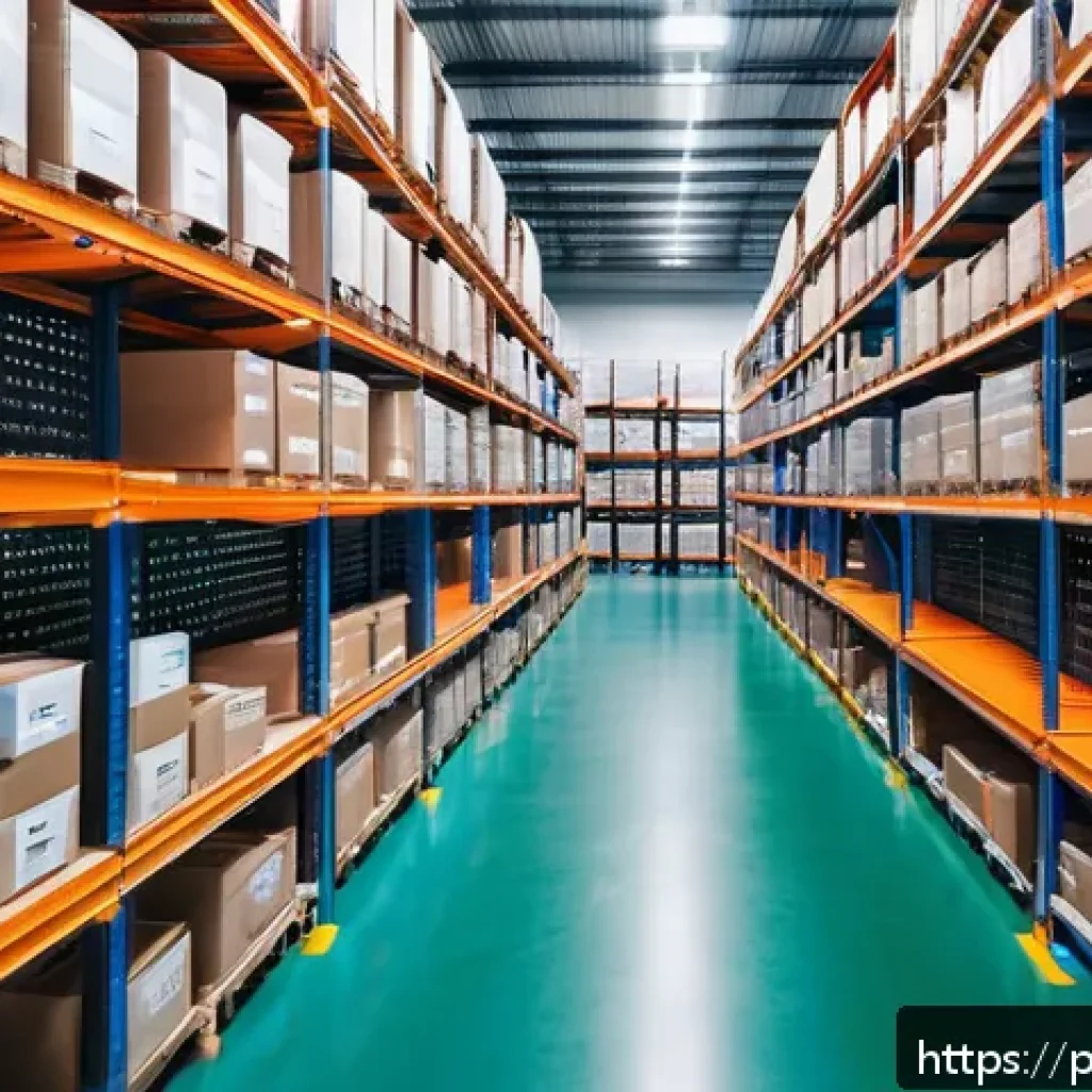 공급망관리 실습과 학습 자료 - A modern warehouse interior featuring rows of neatly organized shelves with labeled inventory boxes,...