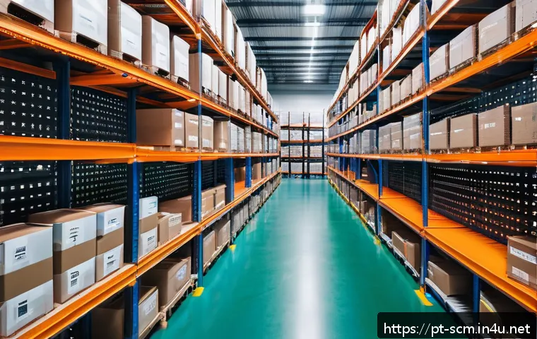 공급망관리 실습과 학습 자료 - A modern warehouse interior featuring rows of neatly organized shelves with labeled inventory boxes,...