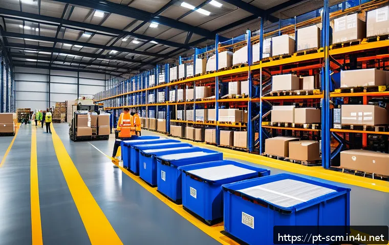 SCM에서의 혁신적 접근 방법 - A modern Brazilian logistics distribution center bustling with activity, featuring advanced mobile r...