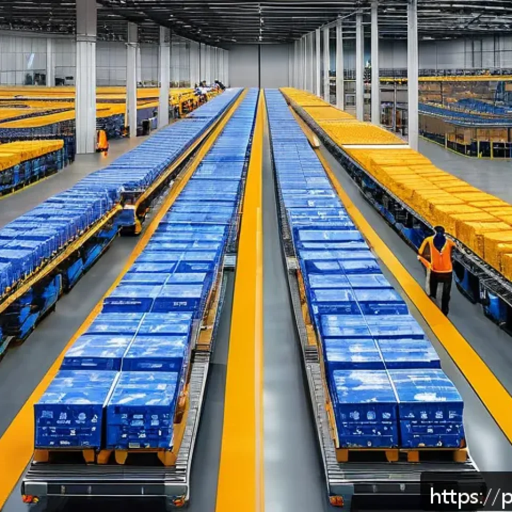 공급망관리와 기술 기반 문제 해결 사례 - A modern logistics warehouse interior bustling with advanced robotics and automation technology: sle...