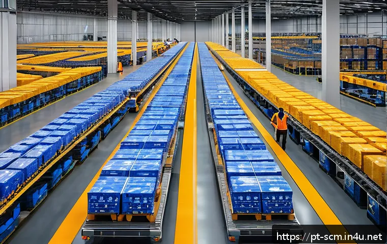 공급망관리와 기술 기반 문제 해결 사례 - A modern logistics warehouse interior bustling with advanced robotics and automation technology: sle...
