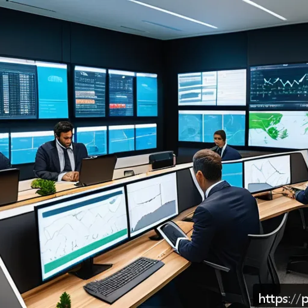 SCM 실무에서의 문제 해결 기법 - A modern logistics control room with multiple large digital dashboards displaying real-time supply c...