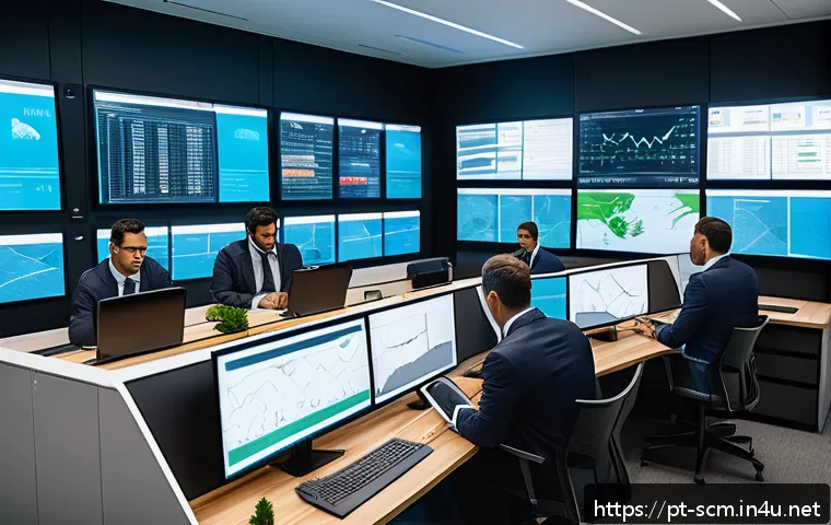 SCM 실무에서의 문제 해결 기법 - A modern logistics control room with multiple large digital dashboards displaying real-time supply c...
