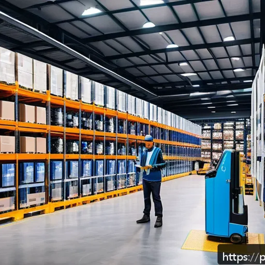 공급망관리와 고객 만족 개선 방안 - A modern Brazilian warehouse interior showcasing advanced automation technology, with autonomous car...