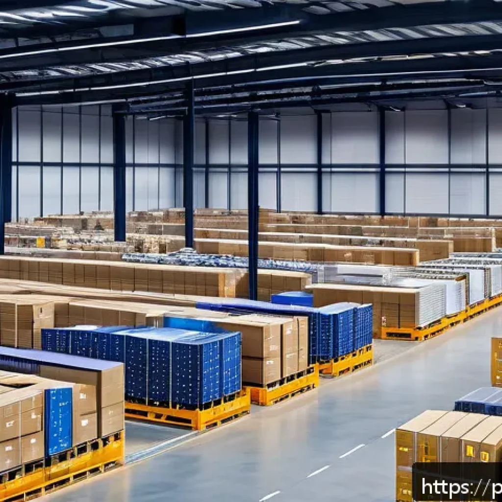 공급망관리와 비즈니스 성과 - A modern logistics warehouse interior with advanced IoT technology visibly integrated: digital scree...