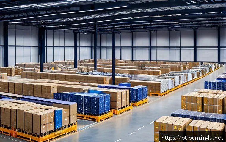 공급망관리와 비즈니스 성과 - A modern logistics warehouse interior with advanced IoT technology visibly integrated: digital scree...
