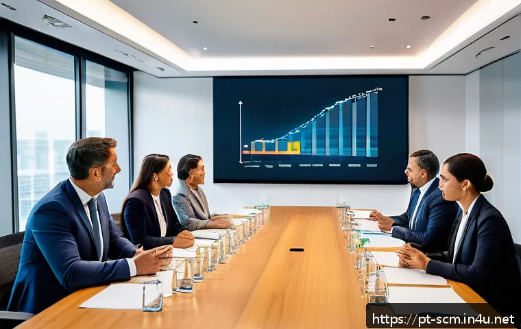 공급망관리와 협력업체 관리 - A modern corporate meeting room with diverse business professionals engaged in a transparent communi...