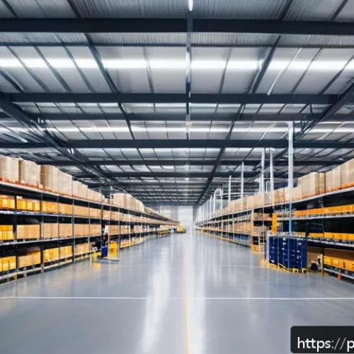 공급망관리 실무에서의 재고 관리 기법 - A modern warehouse interior with an intelligent layout: wide aisles, clearly marked zones with brigh...