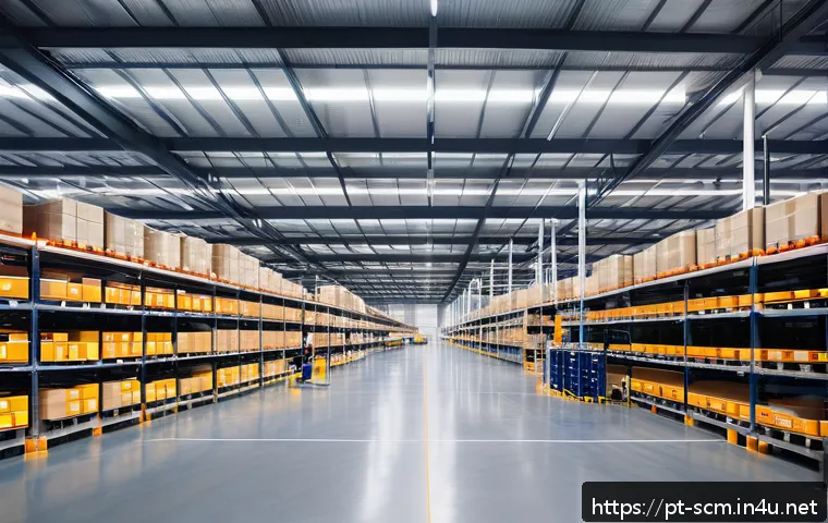 공급망관리 실무에서의 재고 관리 기법 - A modern warehouse interior with an intelligent layout: wide aisles, clearly marked zones with brigh...