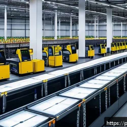 공급망관리와 AI 기술의 접목 - A modern Brazilian logistics warehouse interior featuring advanced robotic automation systems. Multi...