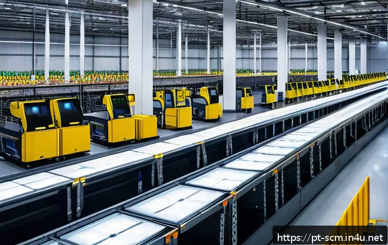 공급망관리와 AI 기술의 접목 - A modern Brazilian logistics warehouse interior featuring advanced robotic automation systems. Multi...