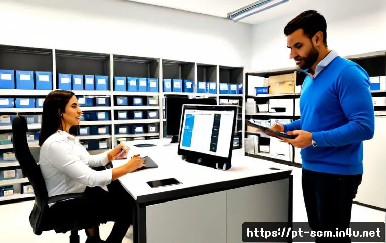 SCM와 고객 관리 프로세스 - Photorealistic supply chain and customer management scene in a modern Portuguese distribution office...